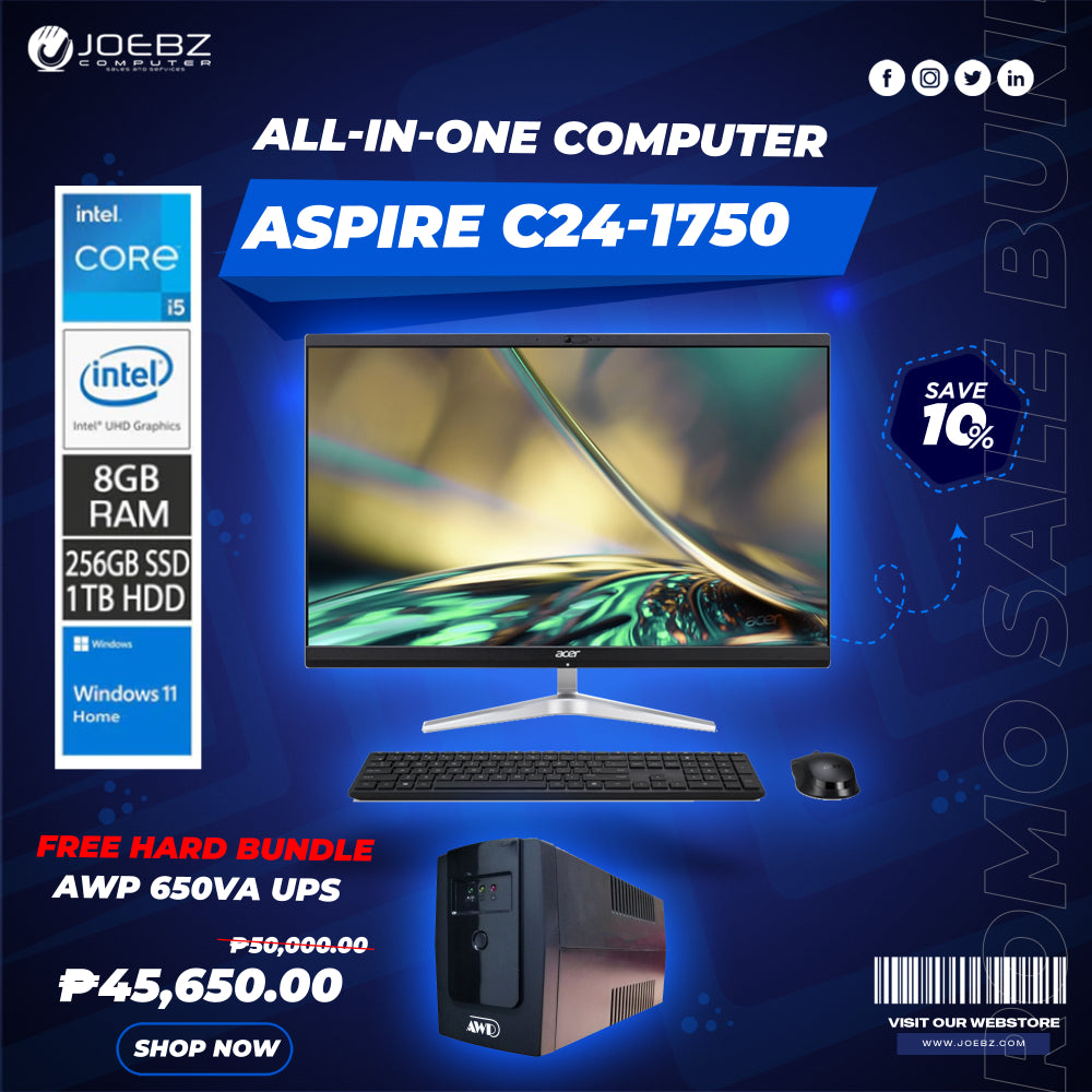 Acer Aspire C24-1750 AIO 12th Gen | 23.8in FHD | Core i5-1240P | 8GB DDR4 | 256GB SSD + 1TB HDD | Intel UHD Graphics | Win11 bundle with ups 650VA