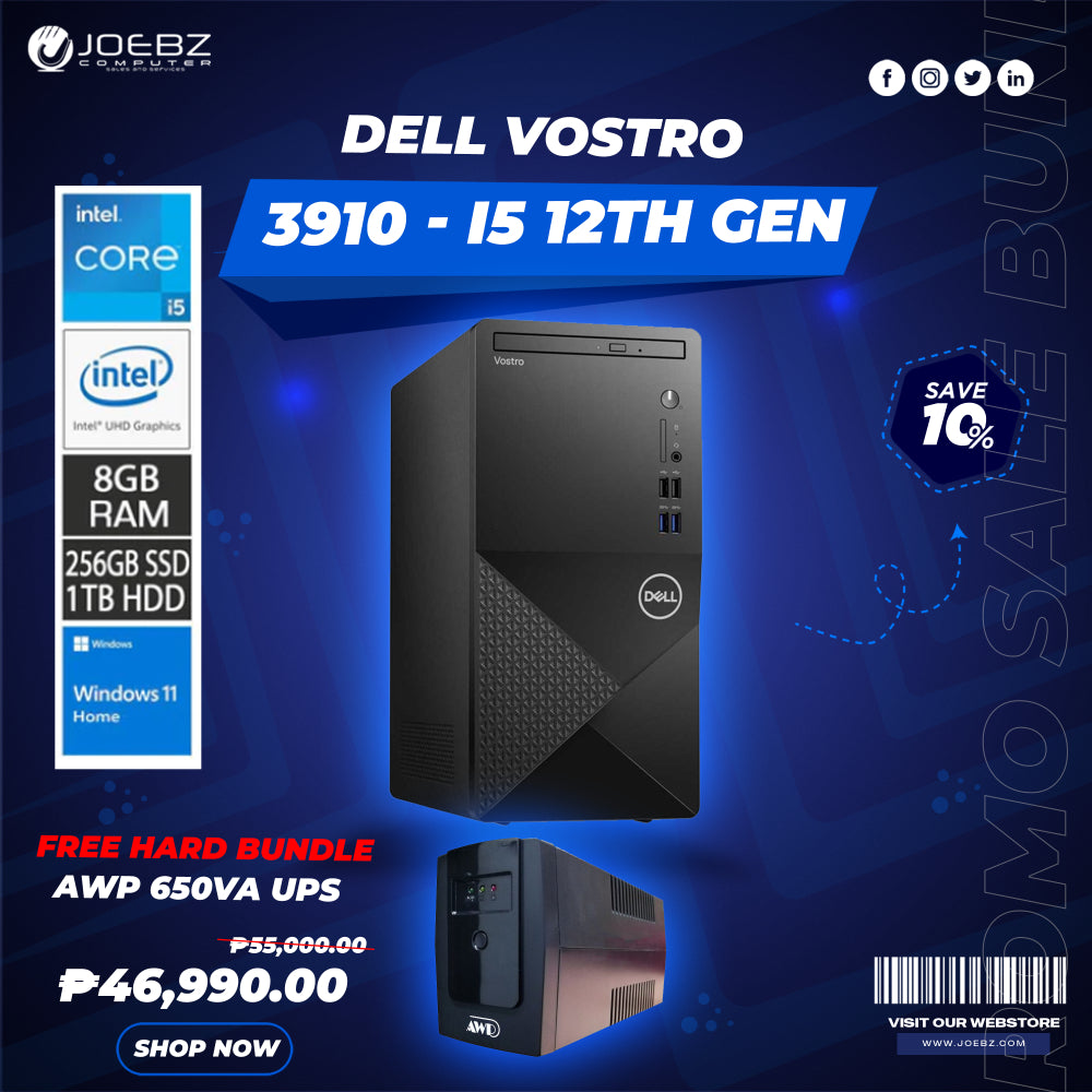 Dell VOSTRO 3910, Intel Core i5-12400 | 8GB RAM | 256GB + 1TB HDD | Intel UHD Graphics | WIN11 HOME bundle with ups 650VA